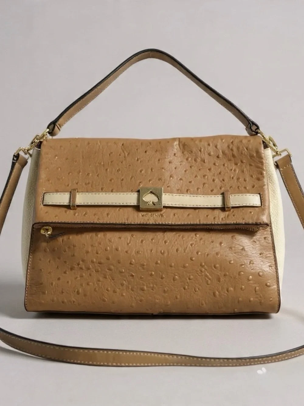 Kate Spade Ostrich Embossed Foldover Crossbody Beige Ivory Leather Bag